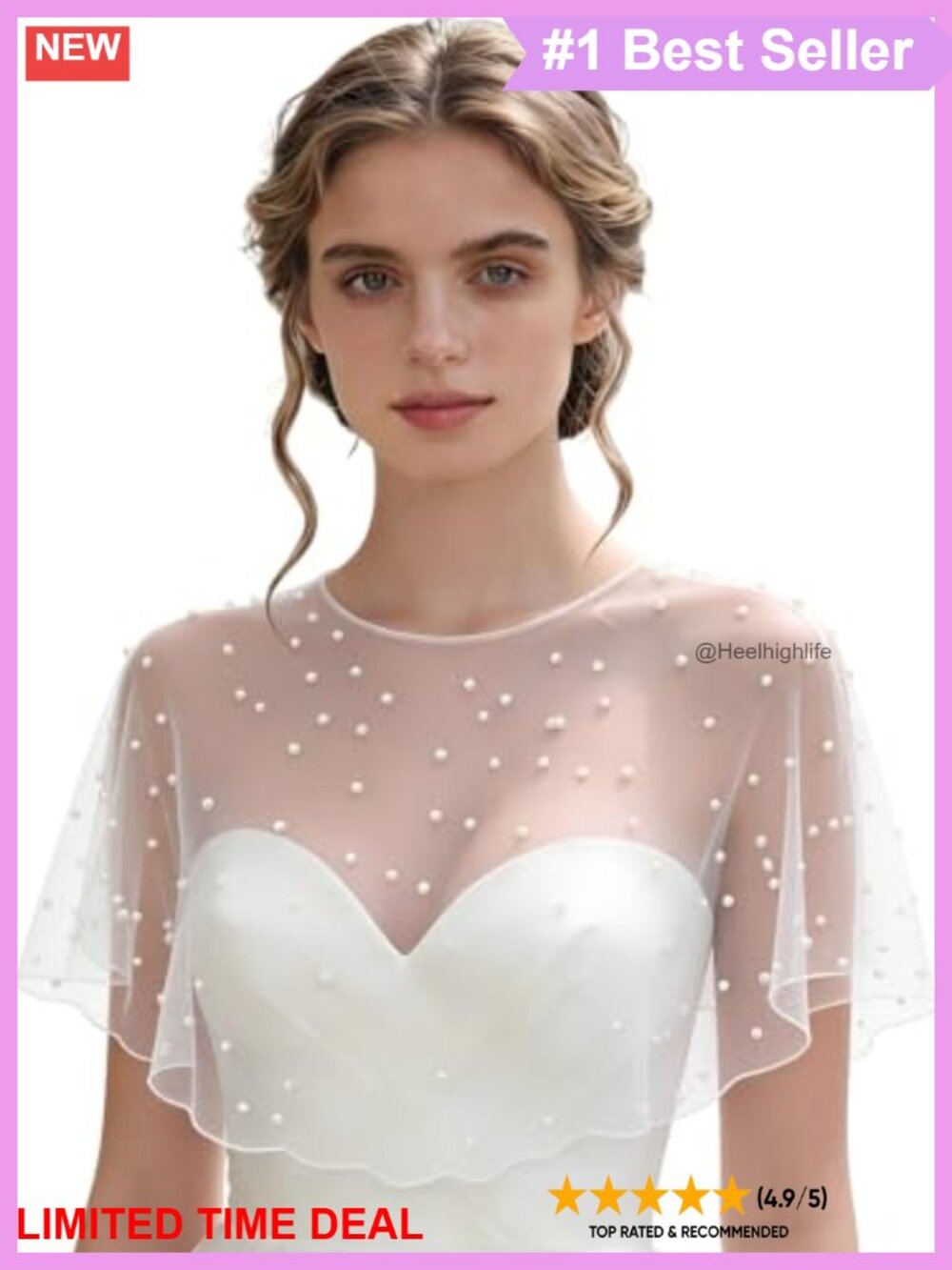 Pearl Tulle Shawl Wrap Wedding Capelet Bridal Cover-Up One Size